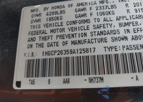 2009 Honda Accord 2.4 Lx from USA, damaged, VIN 1HGCP26359A125817